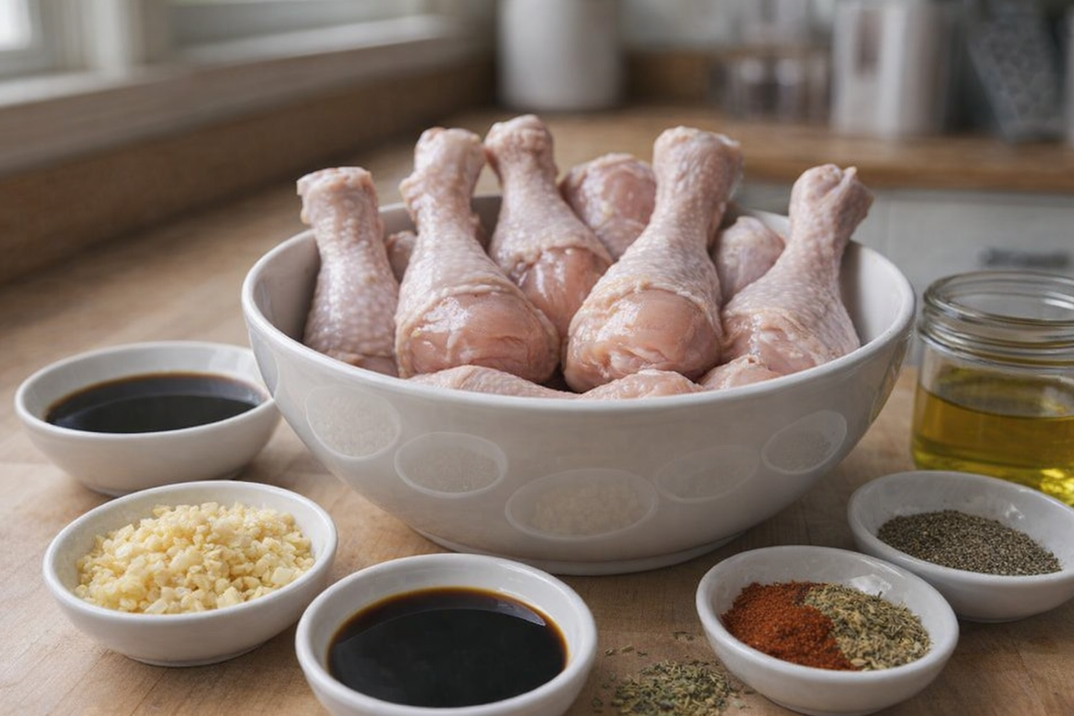 An eye-level shot of raw chicken drumsticks arranged in a bowl with the marinade ingredients surrounding it, including soy sauce, minced garlic, spices, in a brightly lit kitchen